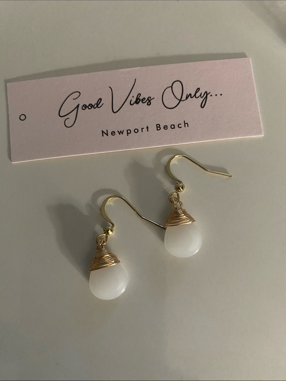 Good Vibes 😎 Only Gold Wire-Wrap White Teardrop Dangle Earrings